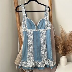 Floral Denim Ruffle Trim Dress